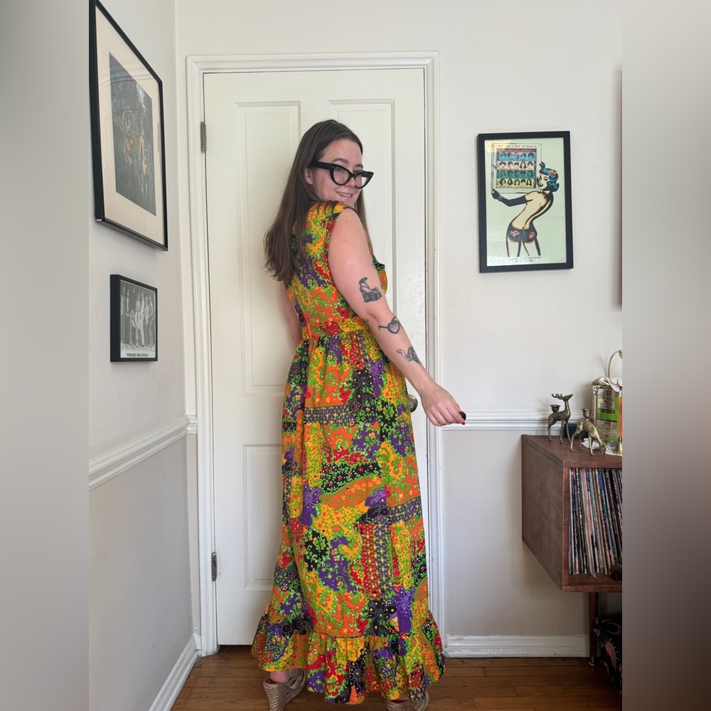 70s Vintage Funky Bright Patchwork Maxi Dress Prairie Style - Picture 2 of 8
